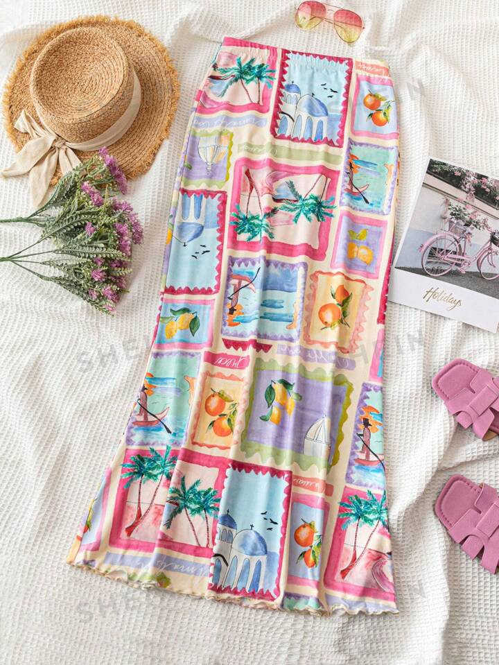 SHEIN WYWH Women's Beach Holiday Casual Coconut Tree Orange Lemon Fruit Colored Printed Skirt Wit... | SHEIN