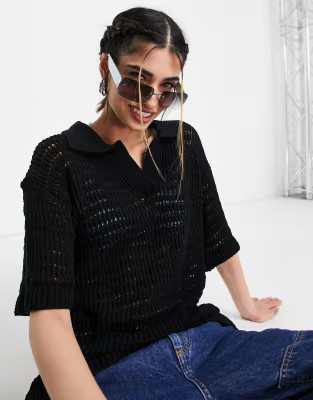 Weekday crochet knit polo top in black | ASOS (Global)
