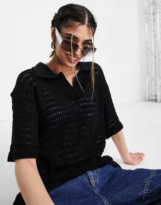 Weekday crochet knit polo top in black | ASOS (Global)