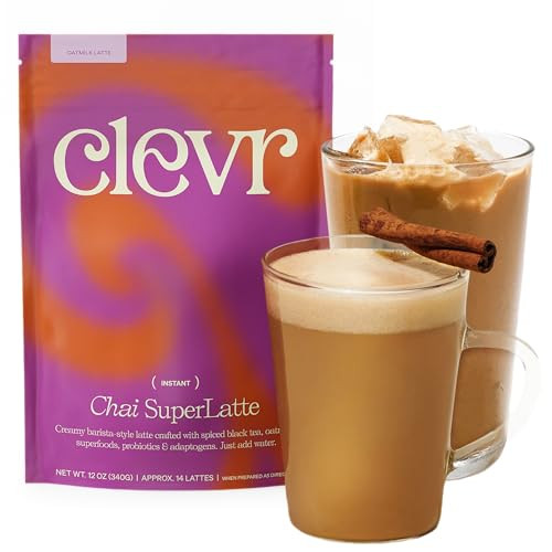 Clevr Blends Chai Tea Latte, Instant Tea, Superfood Powder Blend with Oat Milk, Lions Mane, Reishi Mushroom, Black Tea, Organic Spices, Coconut Cream, Ashwagandha, Oprah’s Favorite Things 2022, 12 oz | Amazon (US)