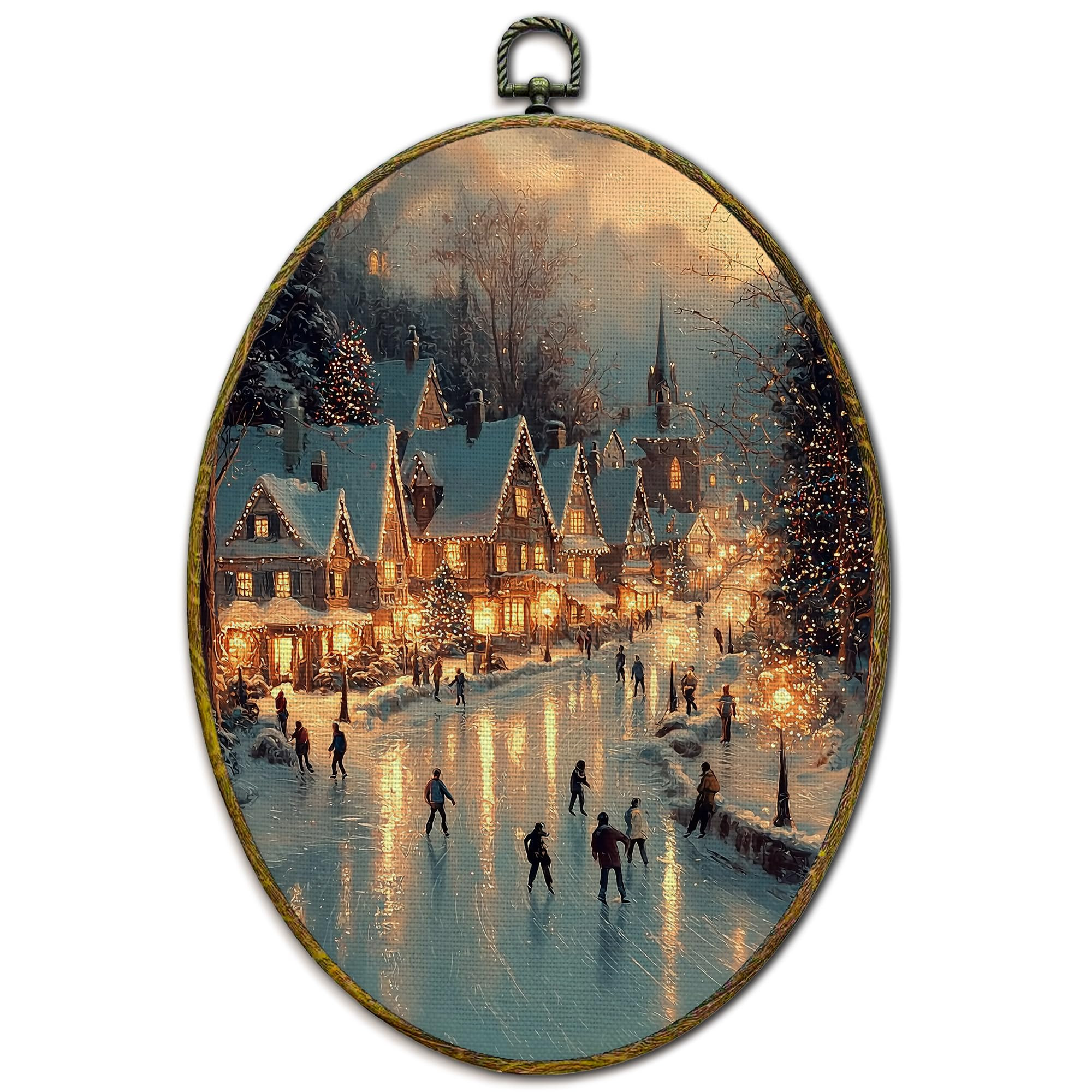 XFCICRLJ Vintage Christmas Ice Skating Wall Art Decor, Christmas Winter Night Village Oval Canvas... | Amazon (US)