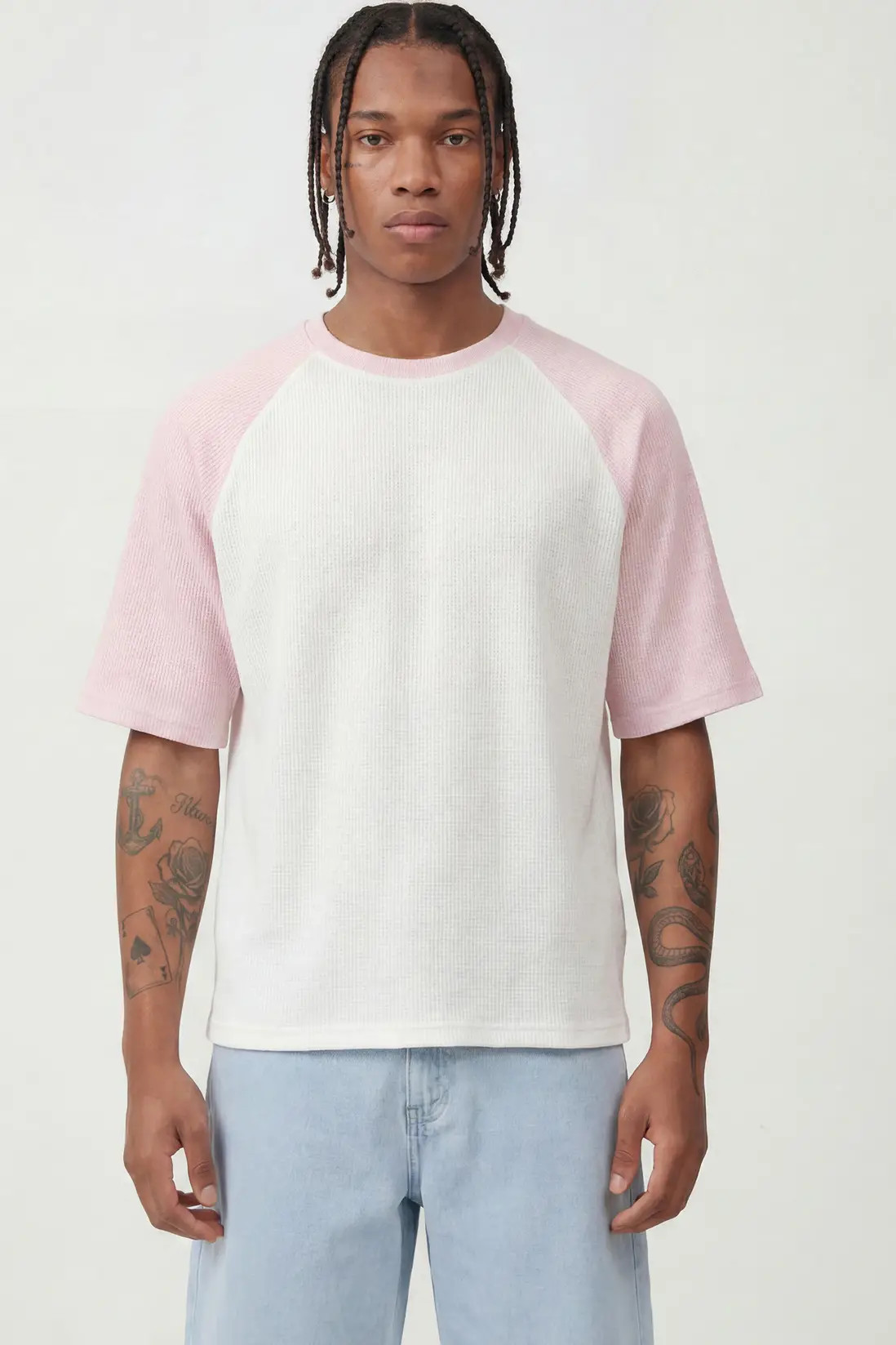 Pink Oversized Boxy Washed Raglan Waffle T-Shirt | BOOHOOMAN | boohooMAN (DE, IE & UK)