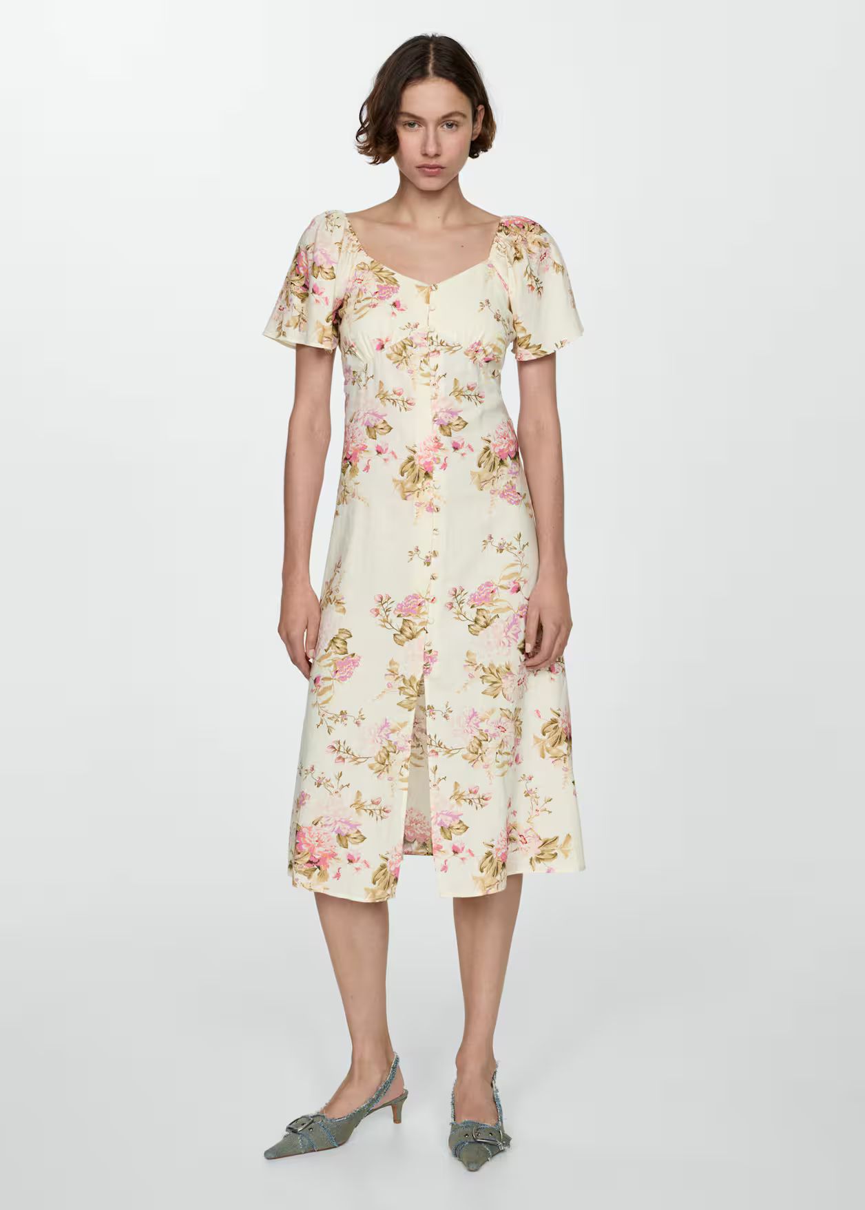 Buttoned linen-blend dress | MANGO (US)
