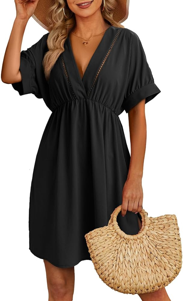 Dokotoo Swimsuit Coverup for Women Hollow Out V Neck Short Sleeve Bathing Suit Bikini Beach Cover... | Amazon (US)