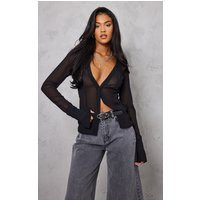 Tall Black Mesh Button Front Blouse | PrettyLittleThing UK
