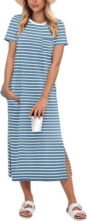 ANRABESS Womens Midi Dress,Summer Long Tshirts Dresses,Short Sleeve Split Stripe,Comfy Travel Bea... | Amazon (US)