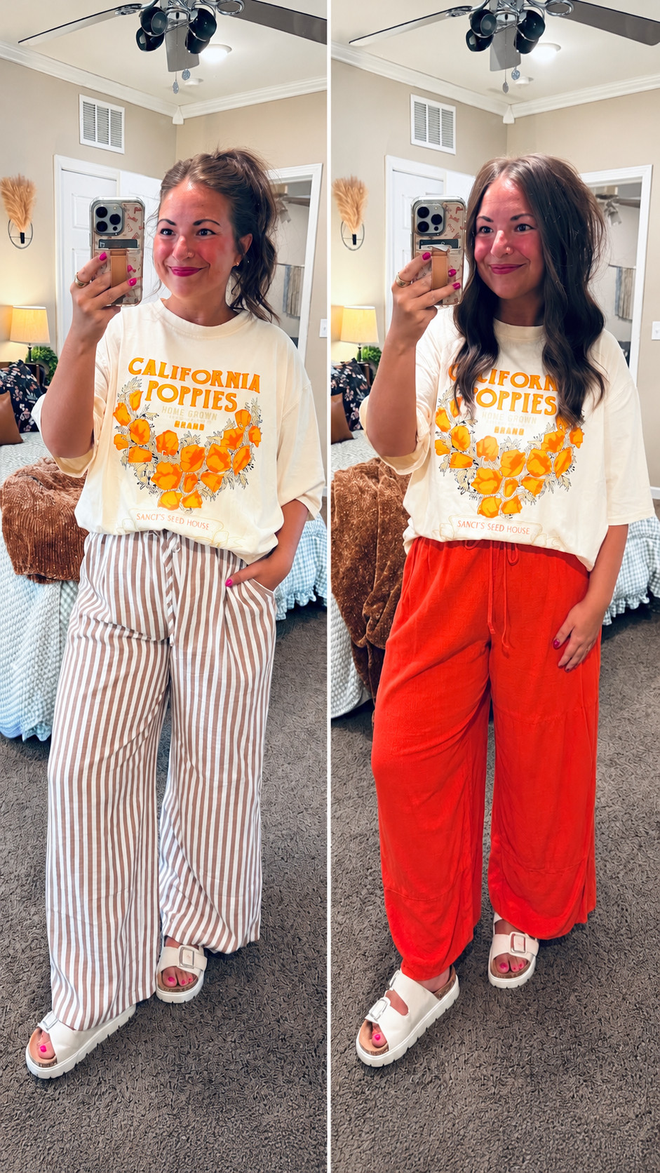 One tee styled two ways! 🧡 Pair this poppy graphic tee with striped pants or a bright pop of red for a comfy, casual look. Which would you wear? 

 #LTKootd #LTKMidsize #LTKWorkwear