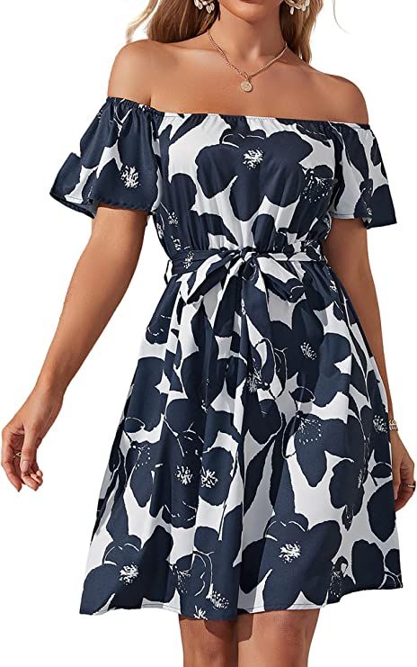 JECEIKA Womens Off Shoulder Ruffle Floral Summer Wedding Guest Dresses A Line Shift Short Skater ... | Amazon (US)