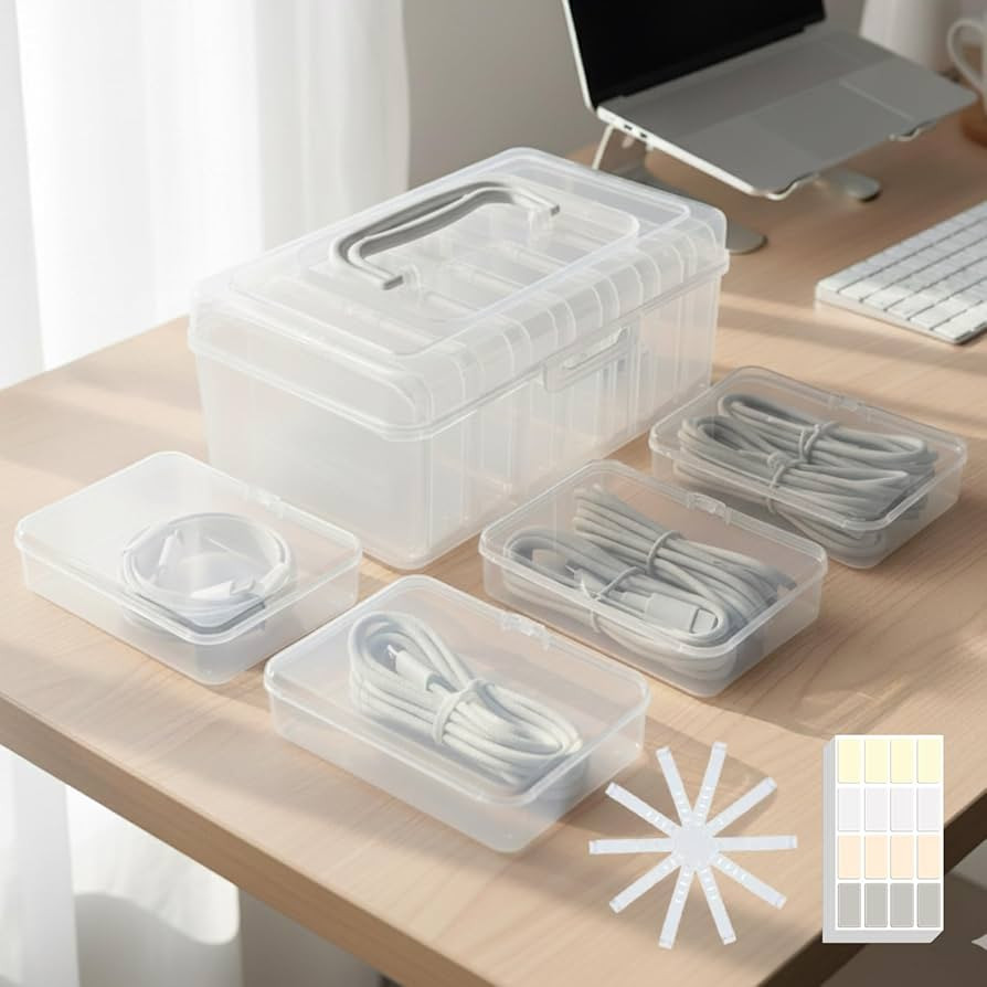 Portable Cord Organizer Box with Handle, 7 Clear Cable Storage Cases and Labels, Travel Cable Hol... | Amazon (US)