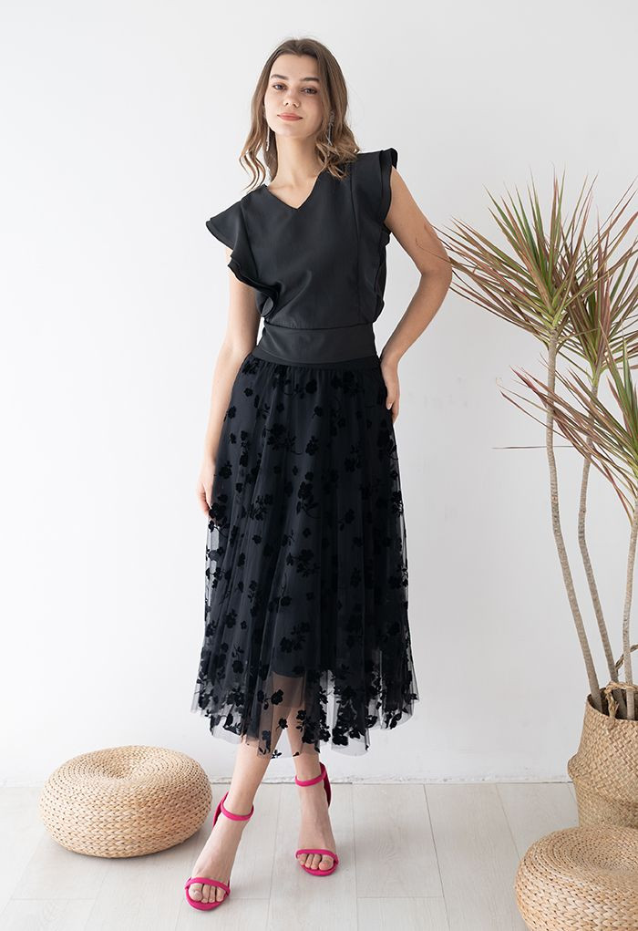 3D Posy Double-Layered Mesh Midi Skirt in Black | Chicwish