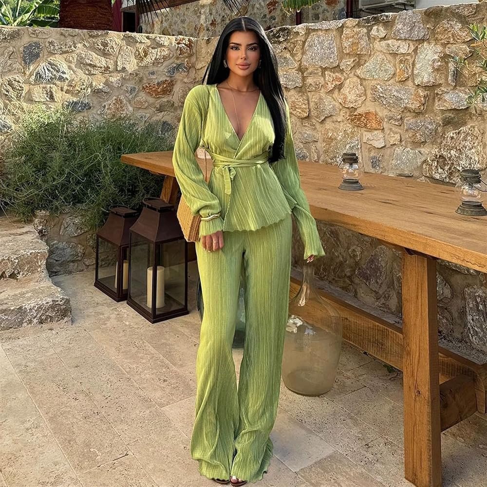 CALEBGAR Women's Fall 2 Piece Pleated Sets Long Sleeve Open Front Shirt with Belt Flare Wide Leg ... | Amazon (US)