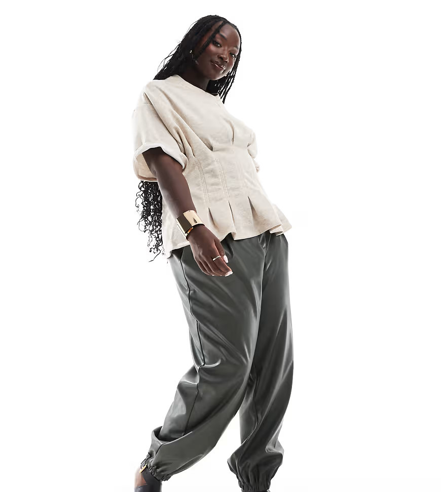 ASOS DESIGN Curve faux leather jogger in khaki-Green | ASOS (Global)