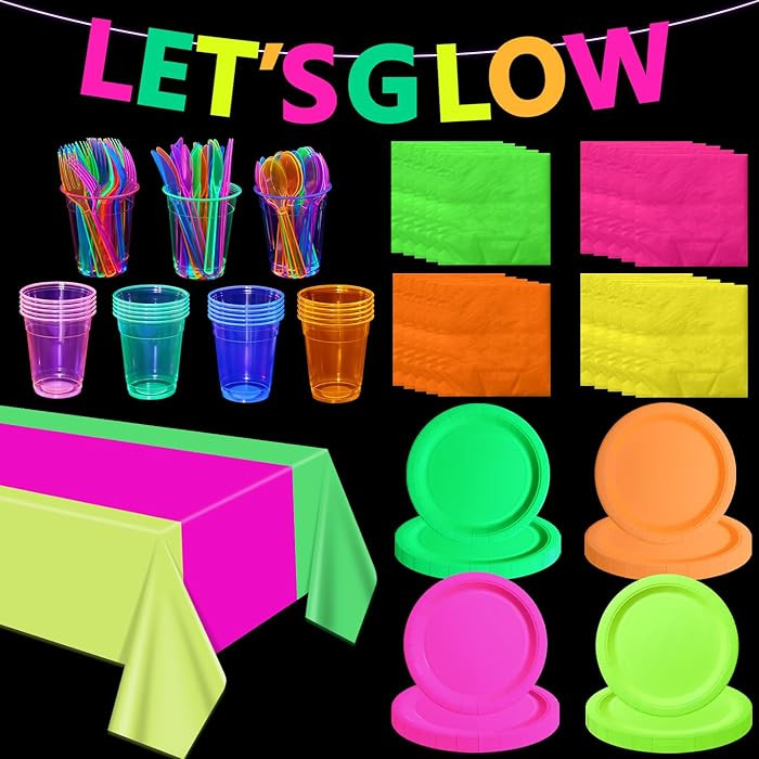 Glow in the Dark Party Supplies, Including Colorful Plates Napkins Tablecloth Banner and Dinnerwa... | Amazon (US)