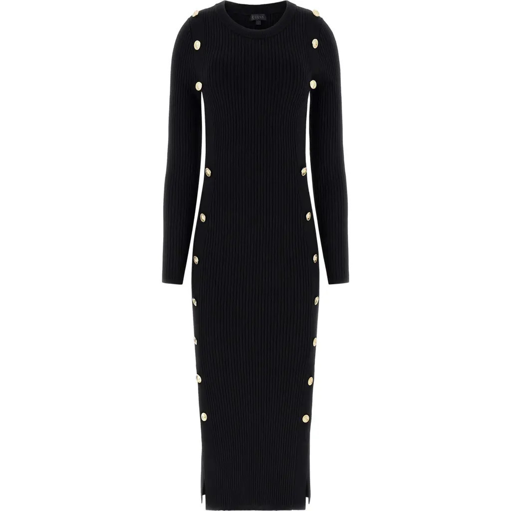 GUESS Ribbed Long Sleeve Sweater Dress in Jblack-Black at Nordstrom, Size Small | Nordstrom