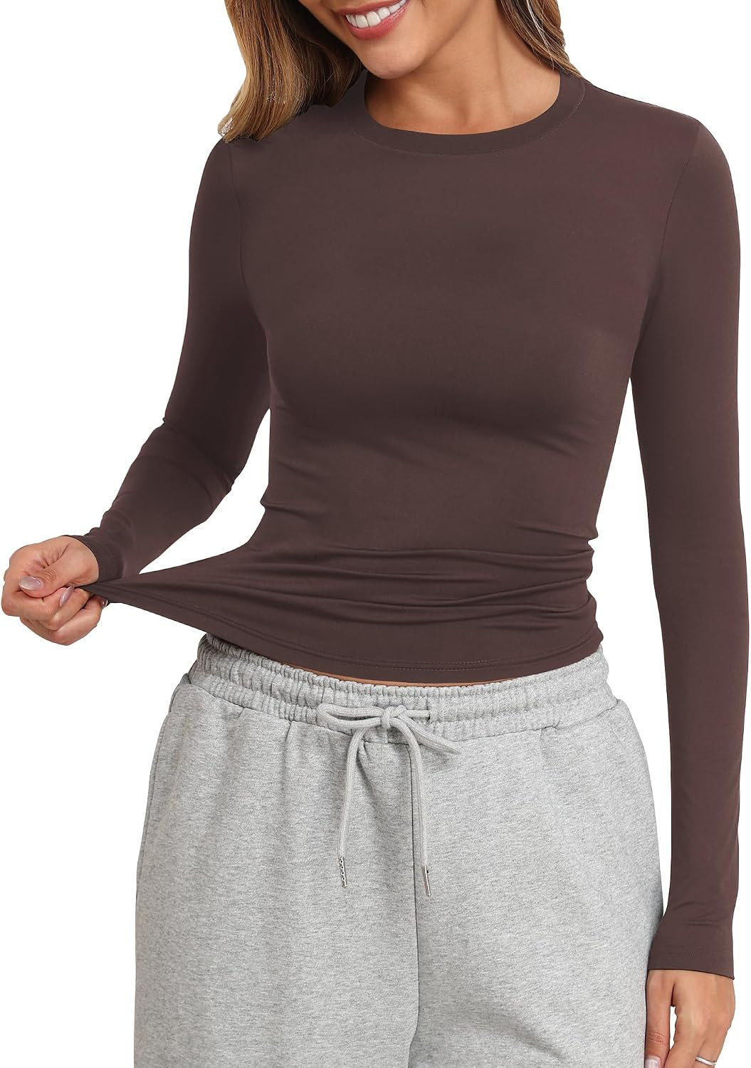 PALINDA Fitted Long Sleeve Shirts for Women Crew Neck Basic Stretchy T-Shirts Casual Layering Tee Shirt Crop Tops | Amazon (US)