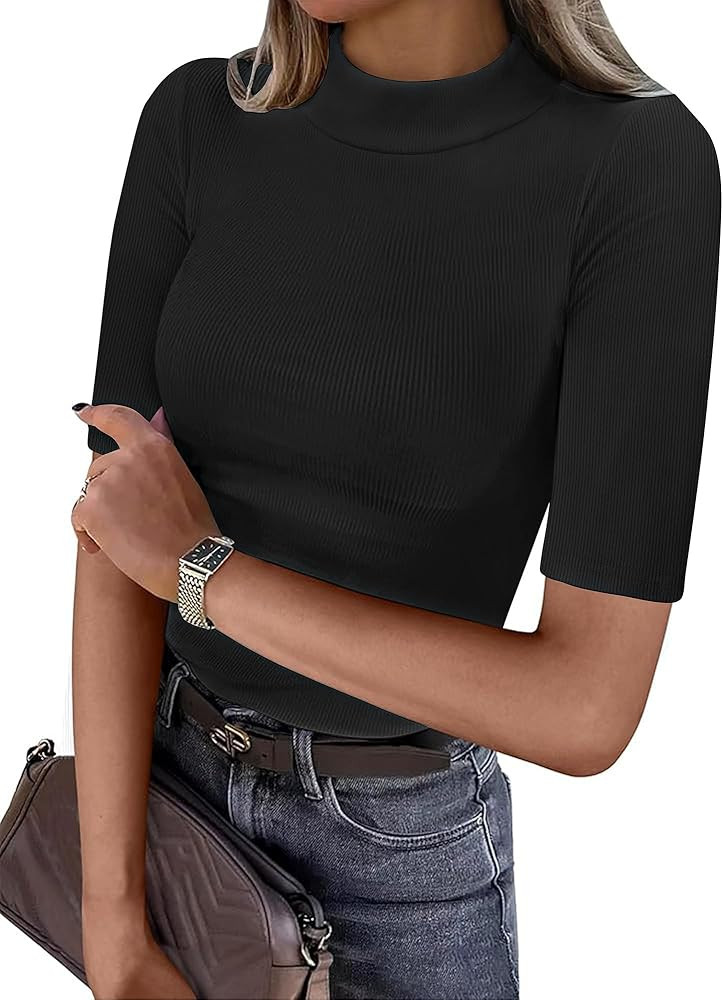 ANRABESS Womens Tops Mock Neck Half Sleeve Shirts Ribbed Knit Slim Fit Basic Tee 2026 Summer Fall... | Amazon (US)