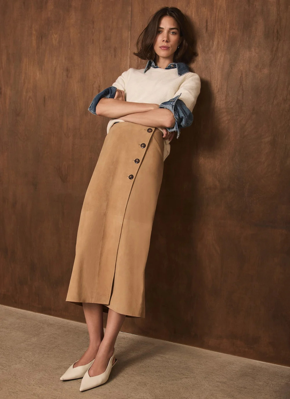 Tan Suede Wrap Midi Skirt | Mint Velvet