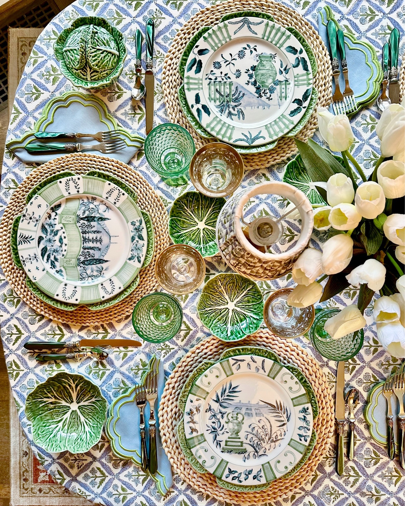 Spring table featuring soft blue and greens, block print tablecloth lamp shades Italian hand painted plates cabbageware

#LTKfoodie #LTKHome #LTKSeasonal
