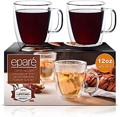 Eparé Coffee Mugs - 12oz Set of 2 Clear Glass Double Wall Cup - Insulated Glassware - Large Espr... | Amazon (US)