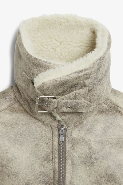 Oversized faux leather aviator jacket - Distressed beige - Ladies | H&M GB | H&M (UK, MY, IN, SG, PH, TW, HK)