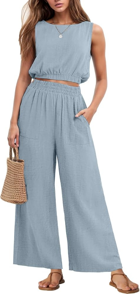 GRECERELLE Two Piece Sets for Women Sleeveless Crop Top Wide Leg Pants Sweat Set for Women 2024 S... | Amazon (US)