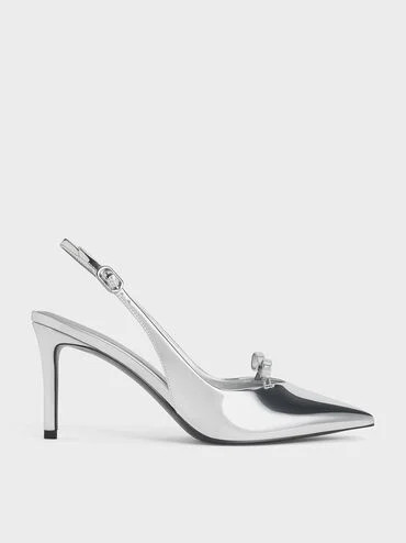 Silver Metallic Bow Slingback Pumps | CHARLES & KEITH | Charles & Keith US