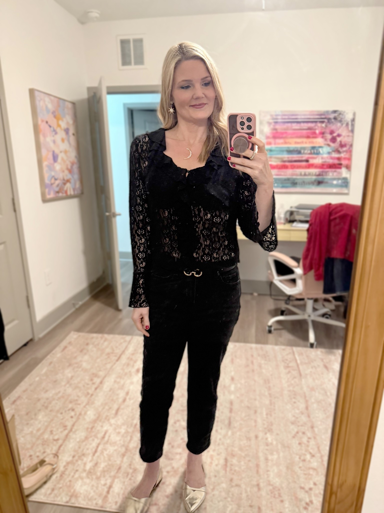 All black going-out ootd! Anna Sui lace top and straight black jeans  

#LTKootd #LTKTall #LTKOver40