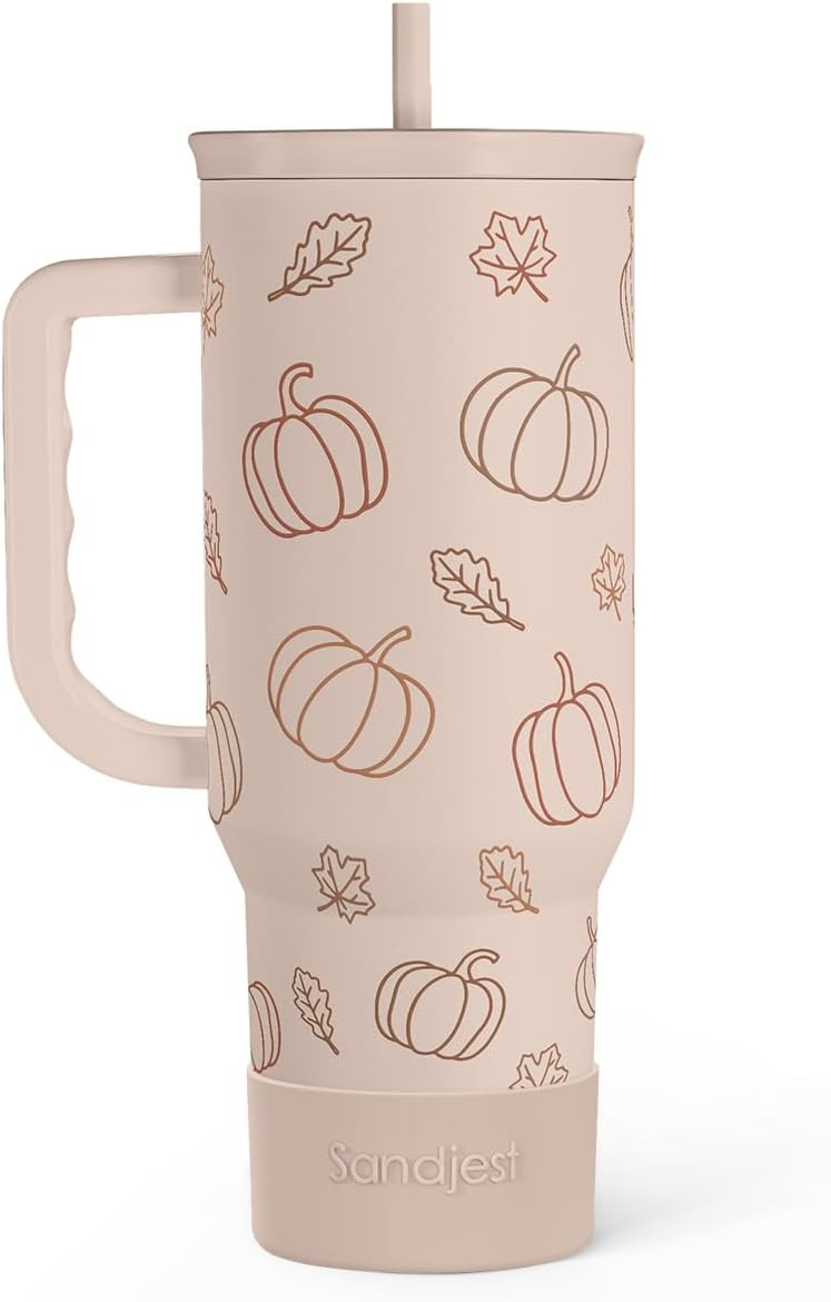SANDJEST Pumpkin Tumbler with Handle and Straw 40oz – Stainless Sleel Slider Tumbler Travel Coffee Mug for Women - Gift Idea for Fall Autumn Halloween | Amazon (US)
