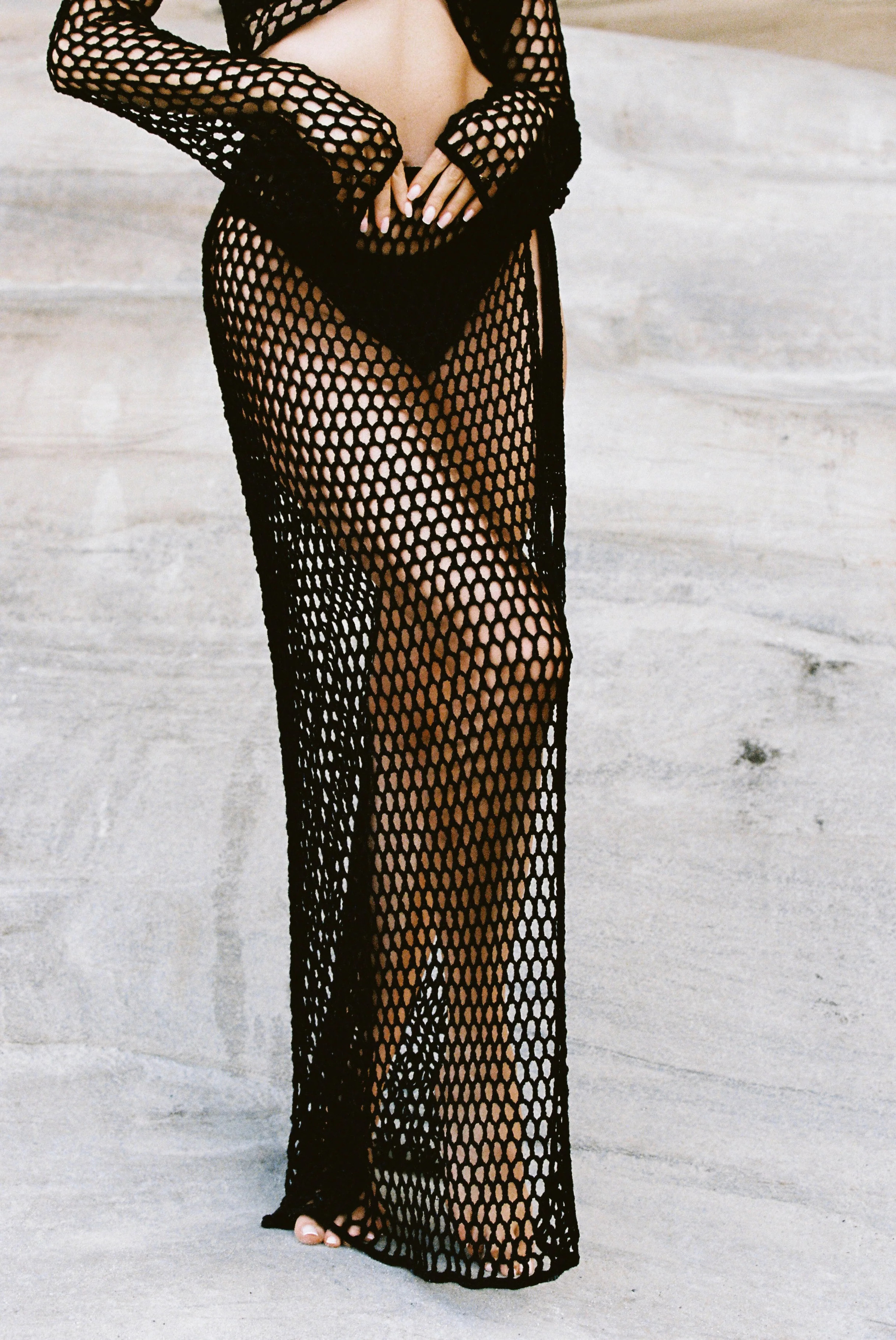 Hallie Tie Up Crochet Maxi Skirt - Black | Meshki (APAC)