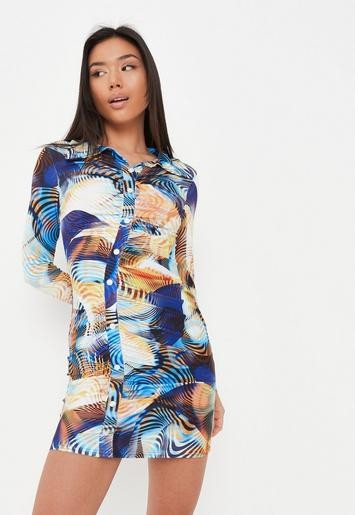 Missguided - Blue Space Print Asymmetric Button Front Ruched Slinky Mini Dress | Missguided (UK & IE)