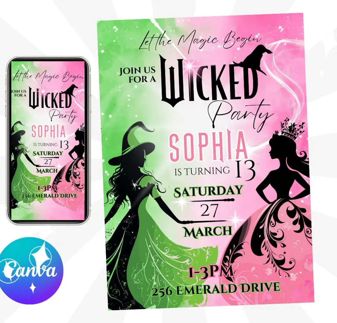 Wicked Birthday Invitation, Editable Wicked Party Invitation, Elphaba Glinda Birthday Invite, Wic... | Etsy (US)