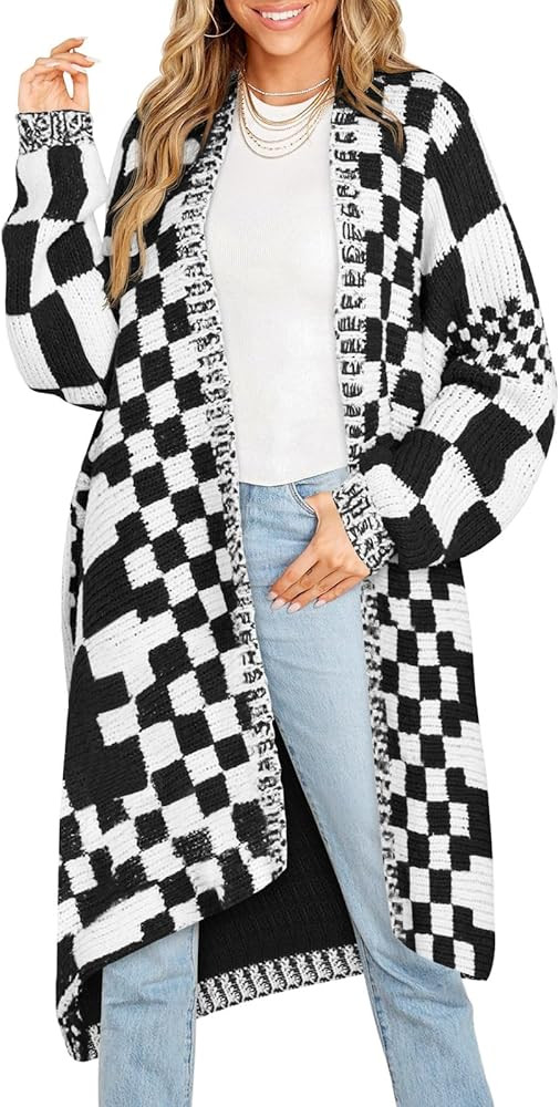 Saodimallsu Womens Checkered Long Cardigans Chunky Oversized Open Front Batwing Sleeve Color Bloc... | Amazon (US)