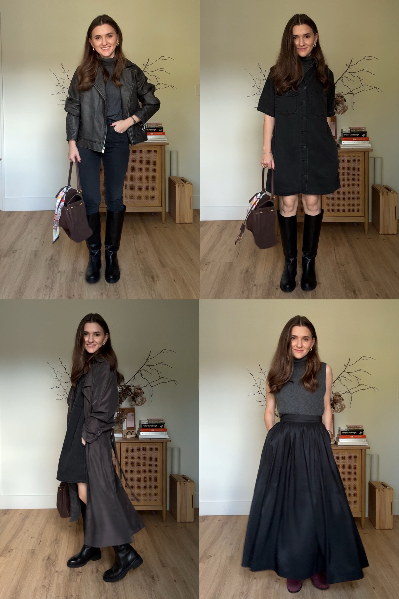 Target finds 

Black midi skirt / lather jacket / jeans black dress 