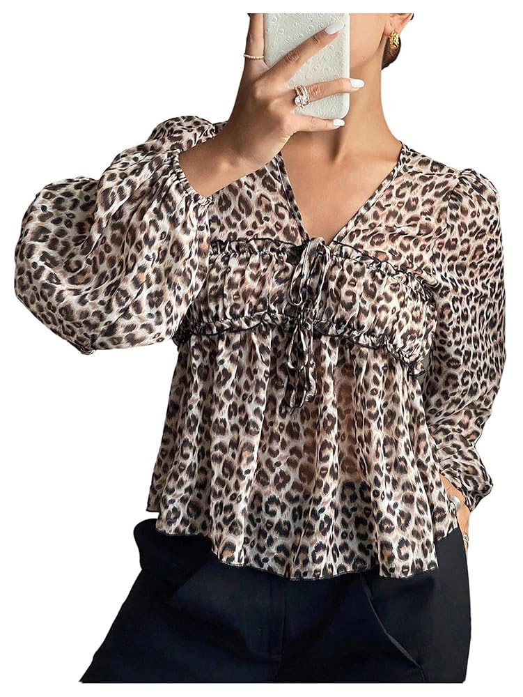 Women's Leopad Ruffle Hem Blouses Shirts V Neck Long Sleeve Flowy Peplum Going Out Top | Amazon (US)