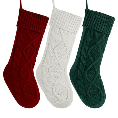 Christmas Stockings 3 Pack, 18 Inches Large Cable Knit Personalized Christmas Stocking Knitted Stocking Decorations for Family Xmas Party Decor | Amazon (US)