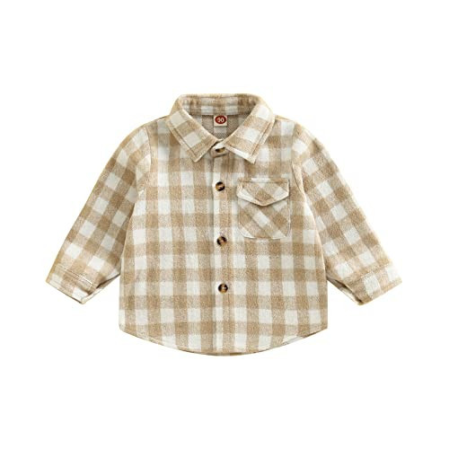 GOOCHEER Toddler Baby Boys Girls Flannel Plaid Jacket Long Sleeve Button Down Shirts Coats Outerweaer Shacket Cardigan Tops (Small Plaid-Beige, 3-4T) | Amazon (US)