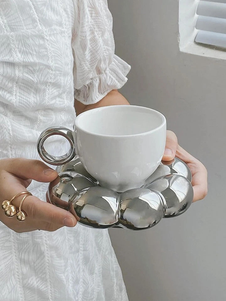 2pcs Solid Color Mug & Flower Design Saucer, Modern Porcelain Mug Set For Home, Office | SHEIN