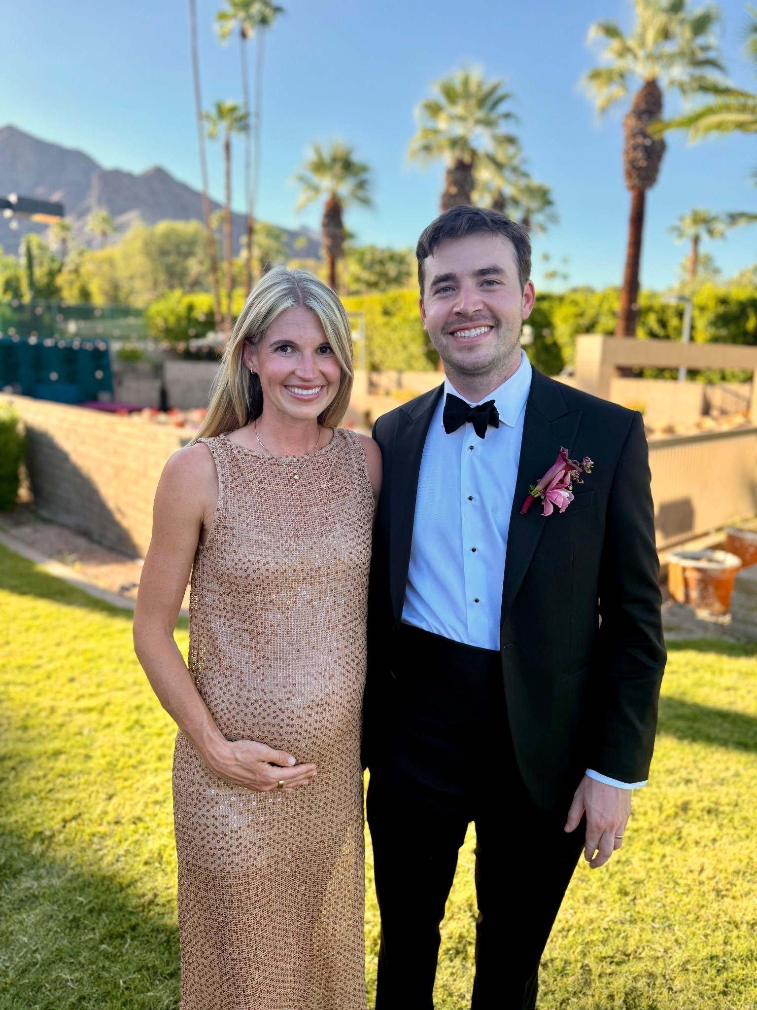 The perfect dress for a black tie wedding in Palm Springs California - It was definitely bump friendly and I will wear it again post pregnancy too. Felt unique and fun

Wedding guest dresses, black tie wedding guest, cocktail wedding guest, shimmer dress, sheer dress over slip, bump friendly wedding guest dresses, tan cocktail dress, tan midi dress , Shopbop sale 

#LTKBump #LTKWedding