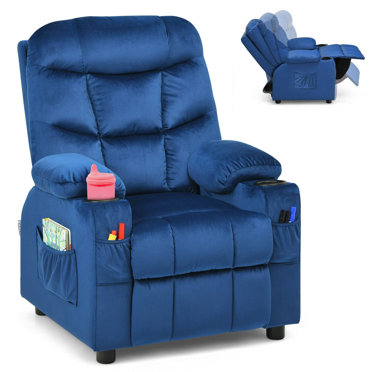 Costway - Kids Youth Recliner Chair Velvet Fabric w/Cup Holder & Side Pocket - Blue | Best Buy U.S.