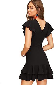 Women's V Back Inslace Layered Ruffle Hem Flutter Sleeve Dress | Amazon (US)