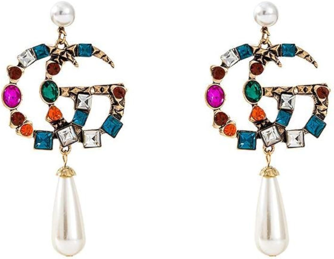 Fashionable G Alphabet Pearl Earrings with Colorful Crystal Diamond Letter Pendant for Women Stud Ea | Amazon (US)