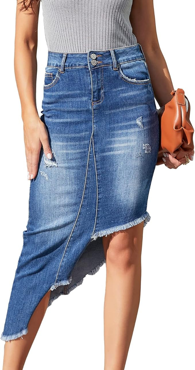 VIPONES Denim Skirt Women Shorts Jean Raw Hem Frayed Stretch Ripped Mid Waist Casual Mini Skirts | Amazon (US)