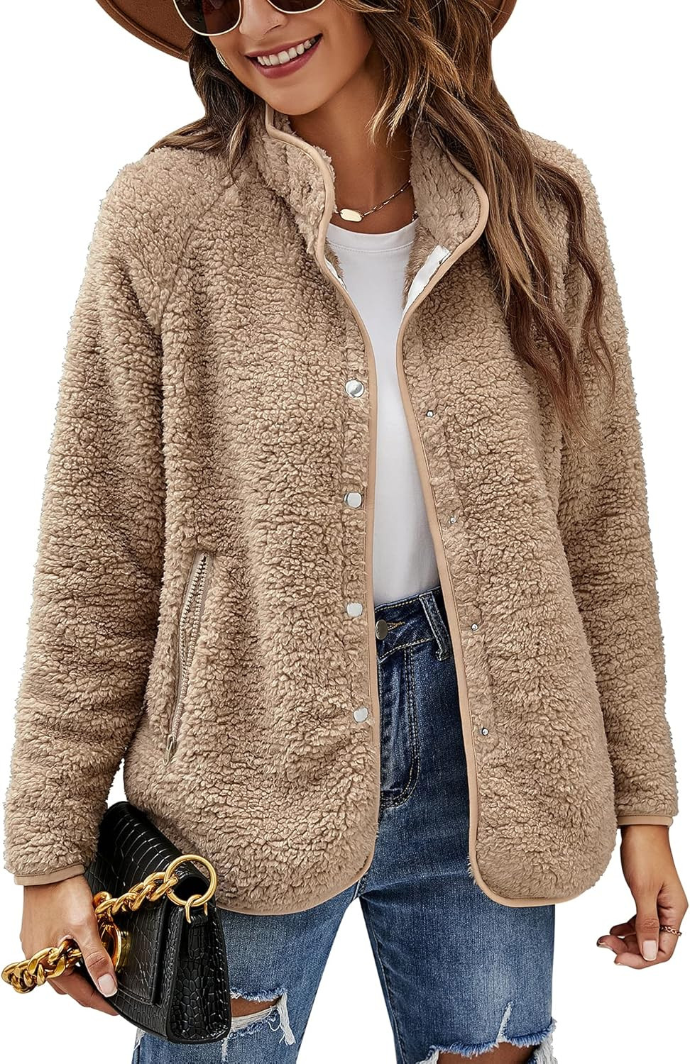 Micoson Women's Long Sleeve Cardigan Coat Lapel Button Down Warm Fuzzy Fleece Jacket Oversized Winte | Amazon (US)