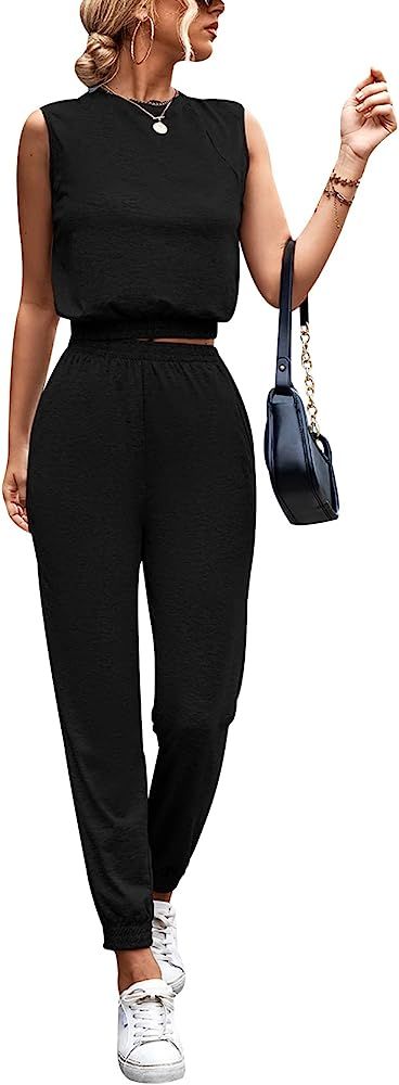 Gihuo Women 2 Piece Outfit Sets Sleeveless Crop Tops Tracksuit Long Jogger Pants with Pockets Swe... | Amazon (US)