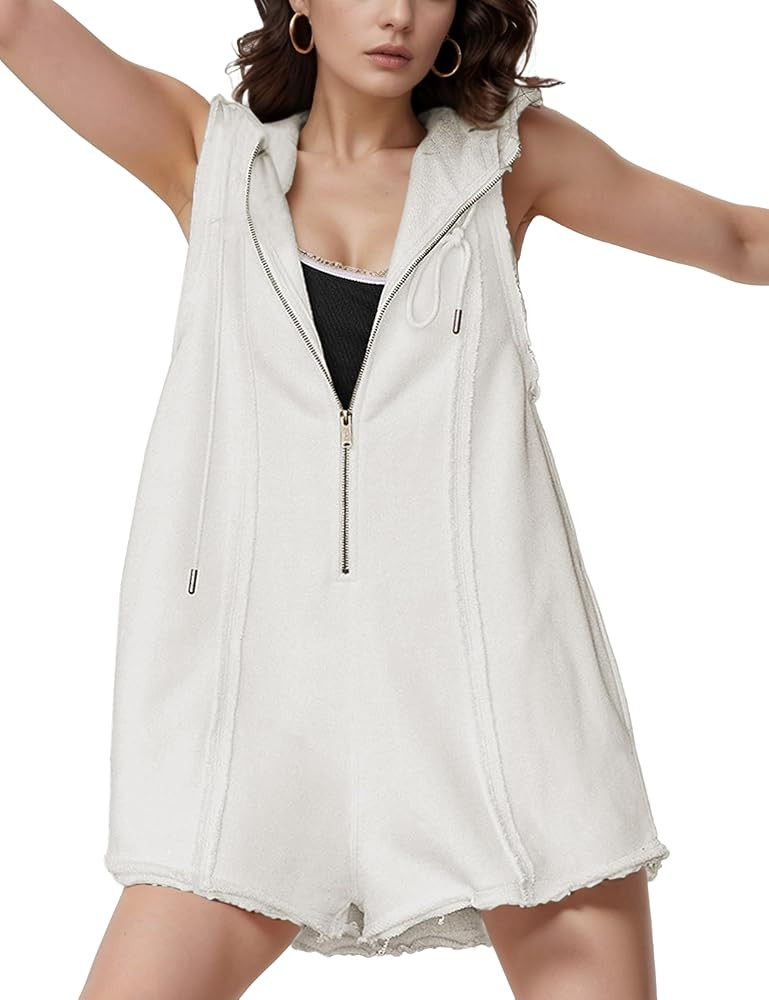 Rompers for Women Athletic Workout Hooded Romper Casual Zip-Front Neck Jumpsuits Overalls with Po... | Amazon (US)