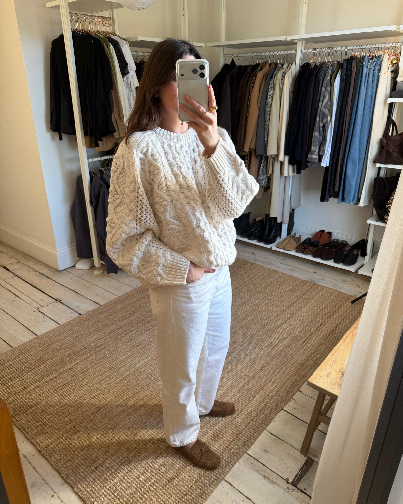 All white look for spring, Loulou cable knit jumper and Agolde white denim, Aeyde suede tan loafers 

#LTKstyletip #LTKspring