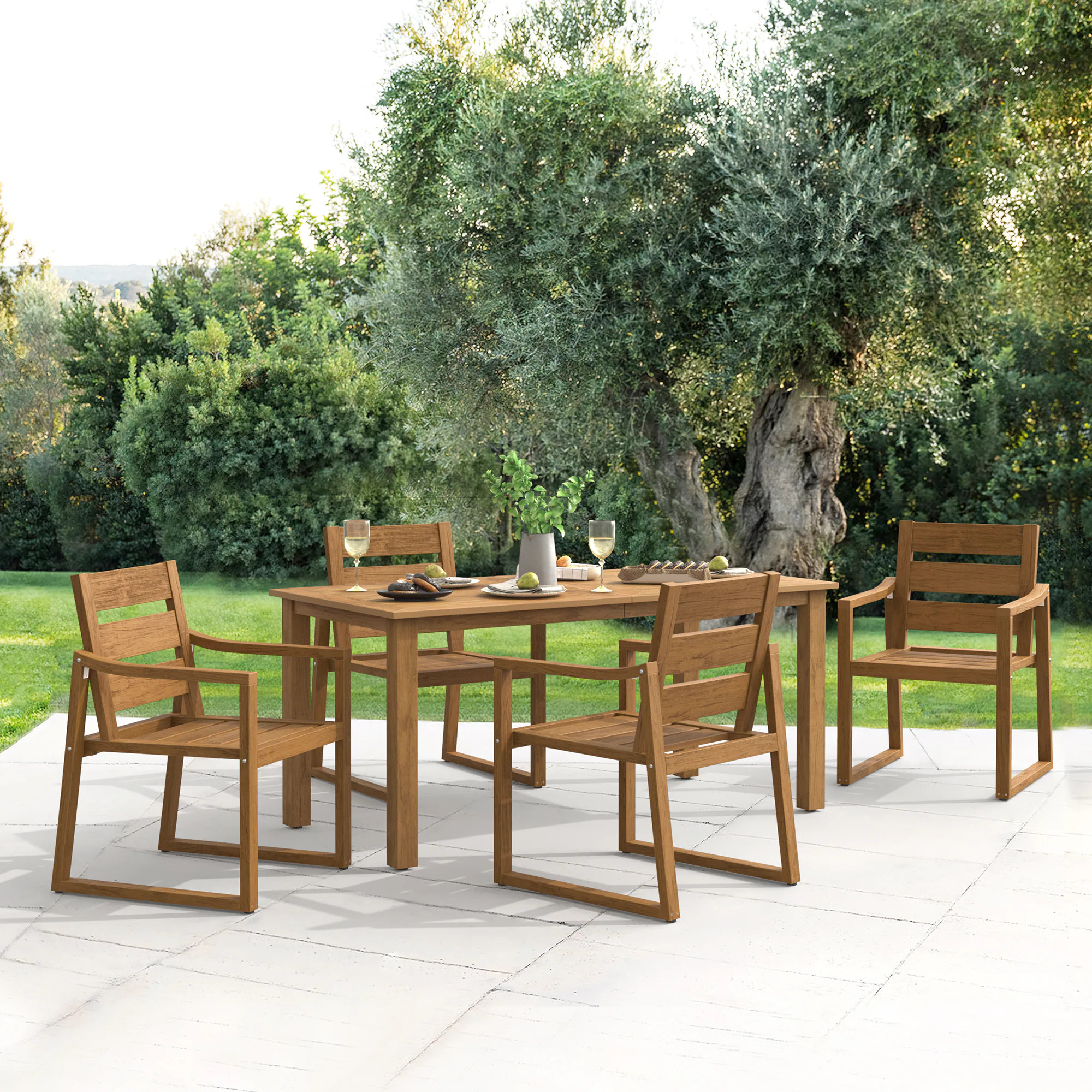 LUE BONA 5 -Piece Teak Patio Dining Set Aluminum Rectangle Table with 4 Stackable Stationary Chai... | Lowe's