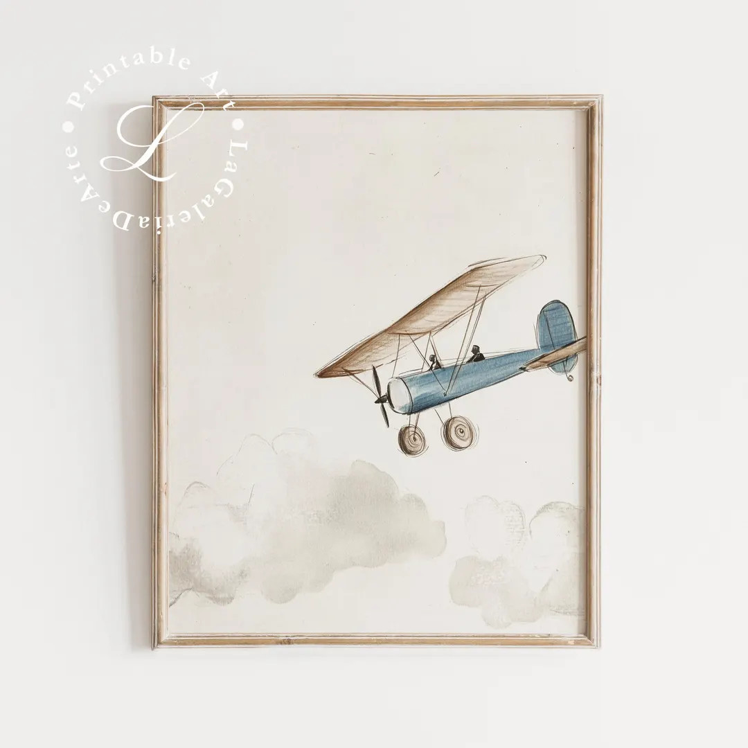 Plane Nursery Wall Art | Blue Watercolor Retro Plane | Airplane Print | Boys Room Wall Art | Vint... | Etsy (US)