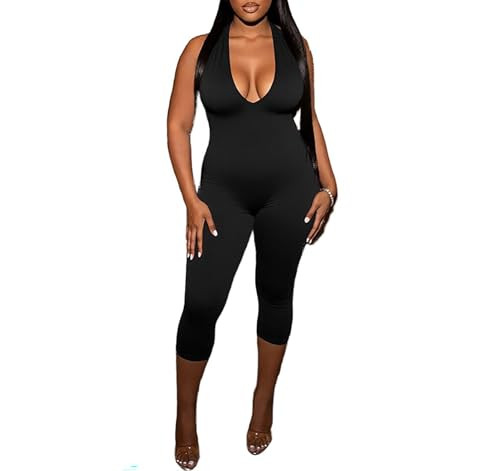 Aceilika Women Sexy Deep V Neck Sleeveless Backless Bodycon Capri Jumpsuit Halter Party Club Rompers One Piece Outfits Black S | Amazon (US)