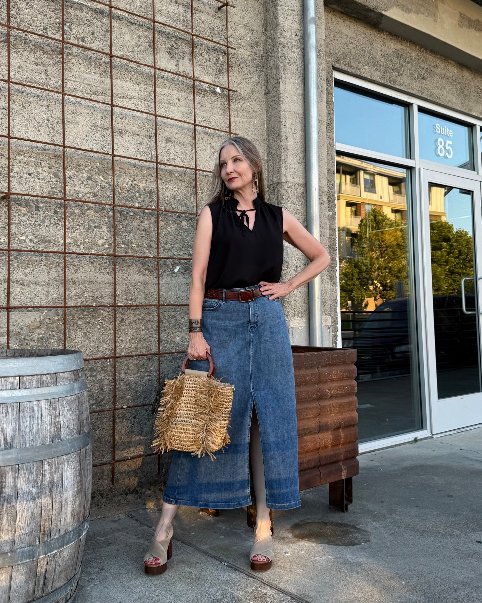 Simple spring ootd.  #sleevelessblouse #denimskirt #strawbag #platformsandals

#LTKSeasonal #LTKMidsize #LTKOver40